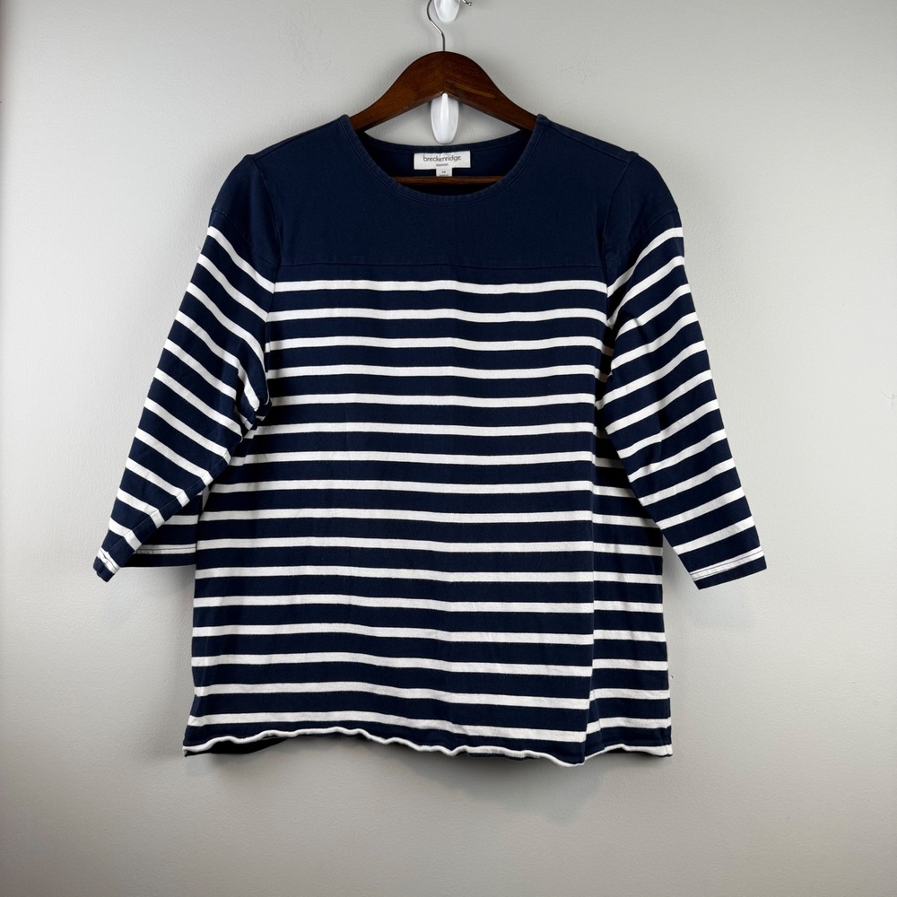 Woman Navy White Striped Top 1X 3/4 Sleeve Nautical Coastal Preppy Sailor Boat
